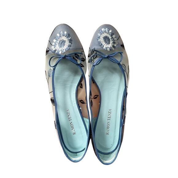 Ramon Tenza Blue Embroidered mesh ballet flats 10‎ - Picture 1 of 8